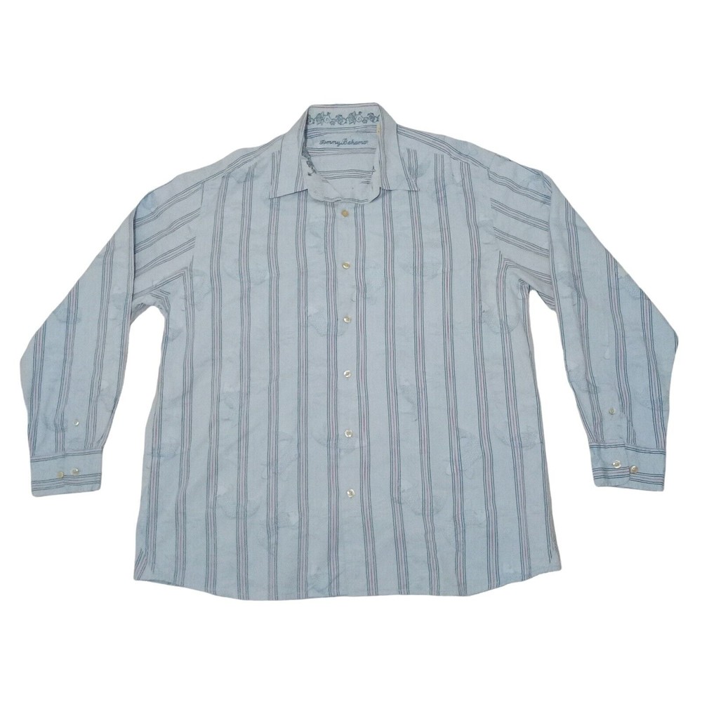 Tommy Bahama Men's XL Shirt Light Blue Striped‎ Fish Long Sleeve Button Up